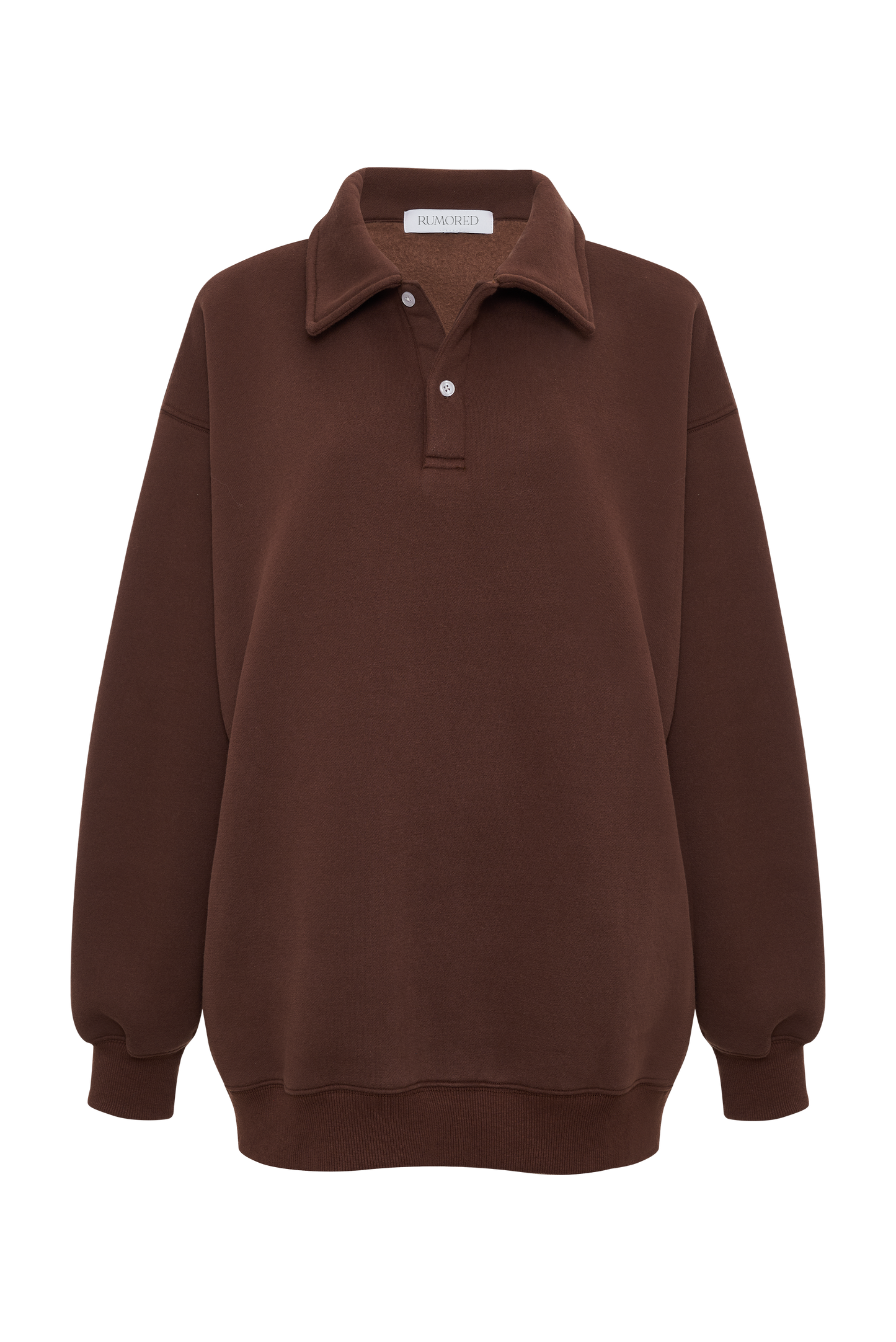 Plush Heavy-Weight Fleece Brown Sweatshirt with Collared Henley Placket
and an Oversized Fit