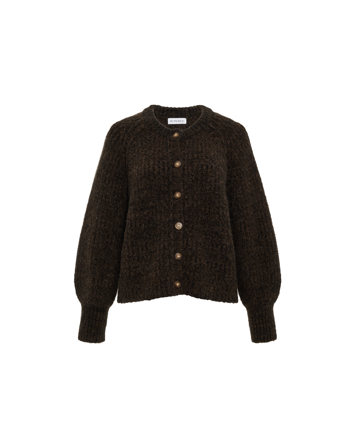 A dark brown textured knit cardigan sweater with a button-up front, featuring a crew neck and ribbed cuffs and hem, shown against a plain white background.