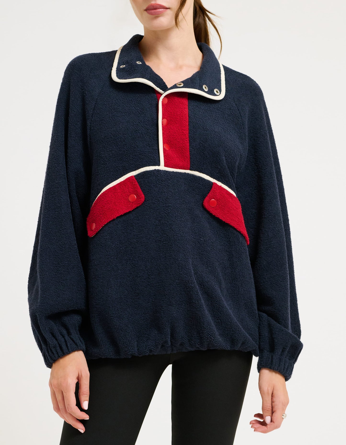 Navy Pullover with snap closures midway down