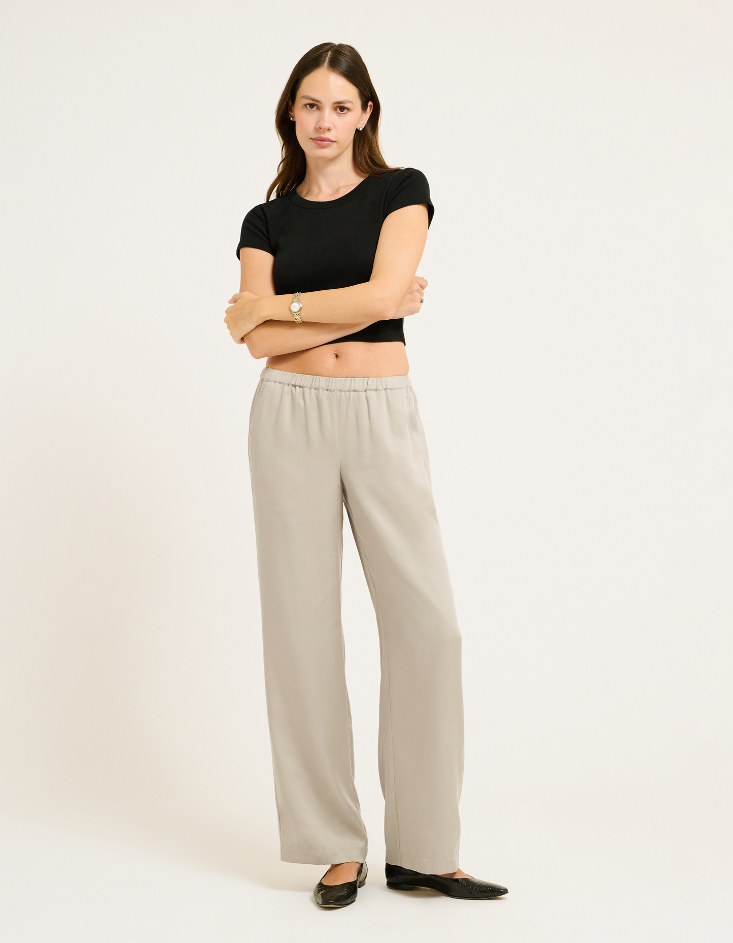 Elastic Waistband, Mid riseTaupe Pants with Side pockets