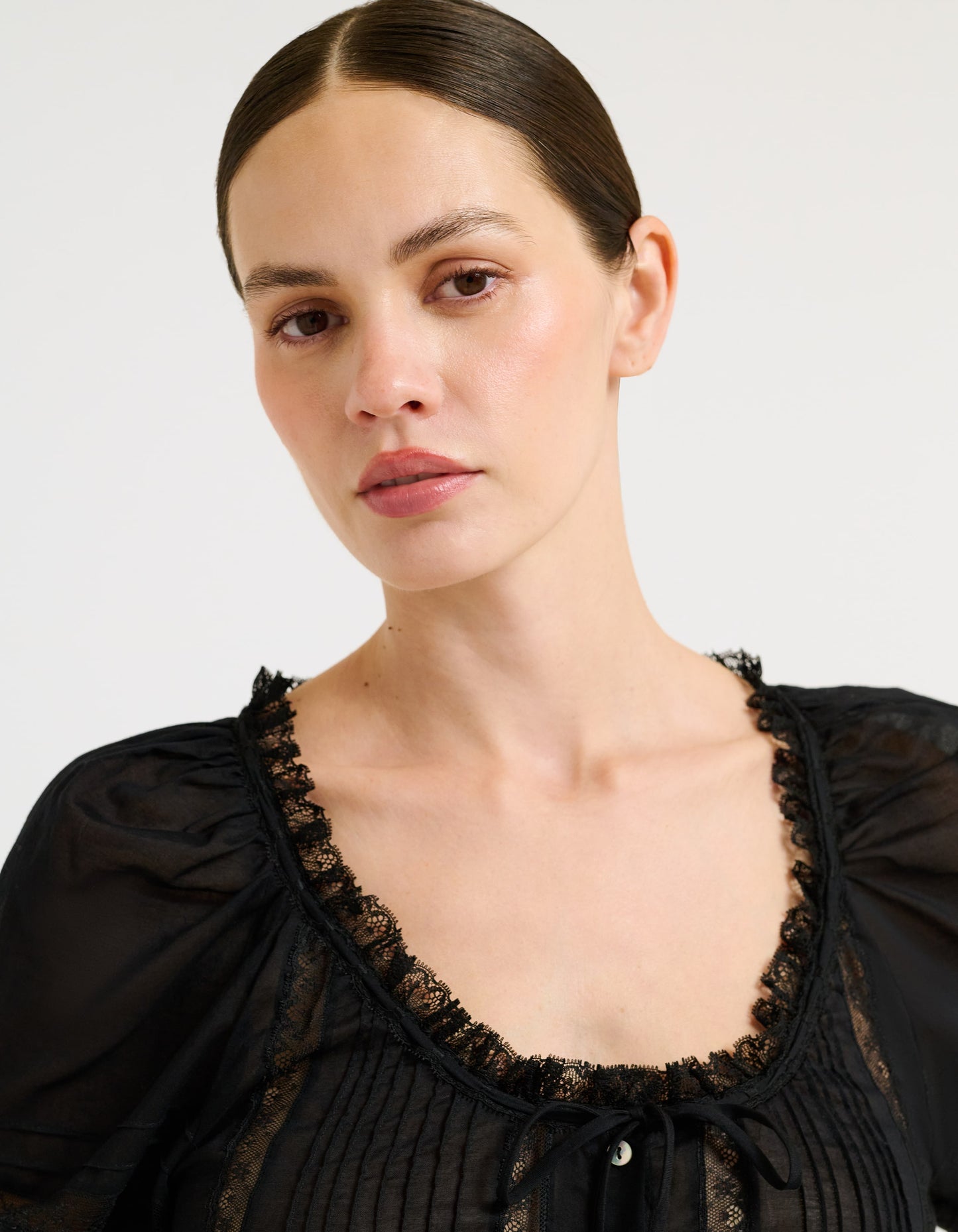 cotton voile with intricate inset lace, delicate micro pleats, and a dainty self-tie Blouse