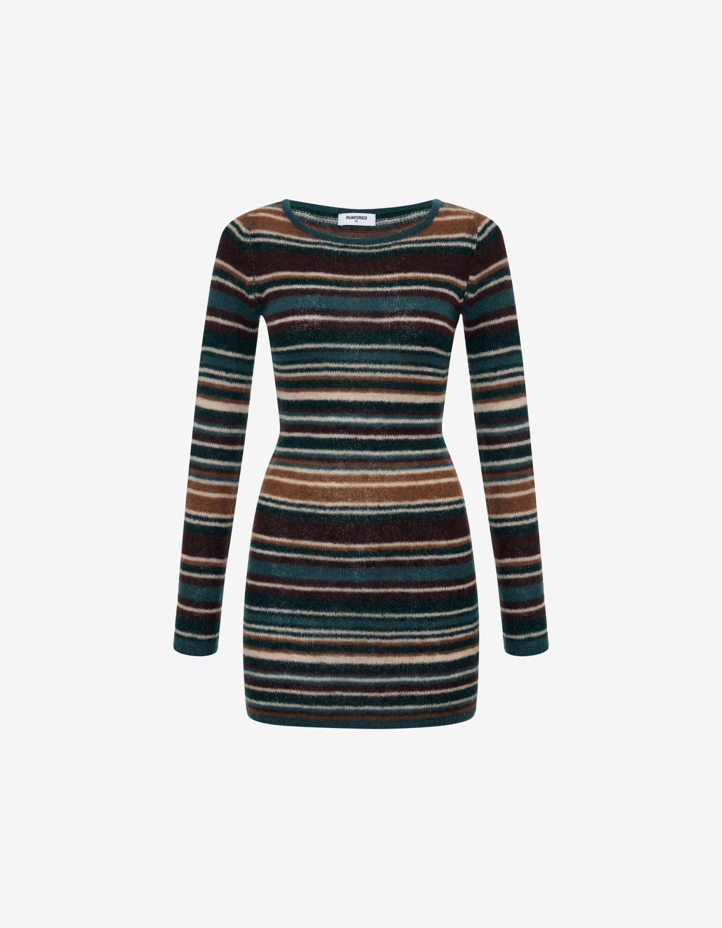 Long Sleeve Mohair loose weave sweater knit Crew Neck Mini Dress with Yarn dye stripe detail