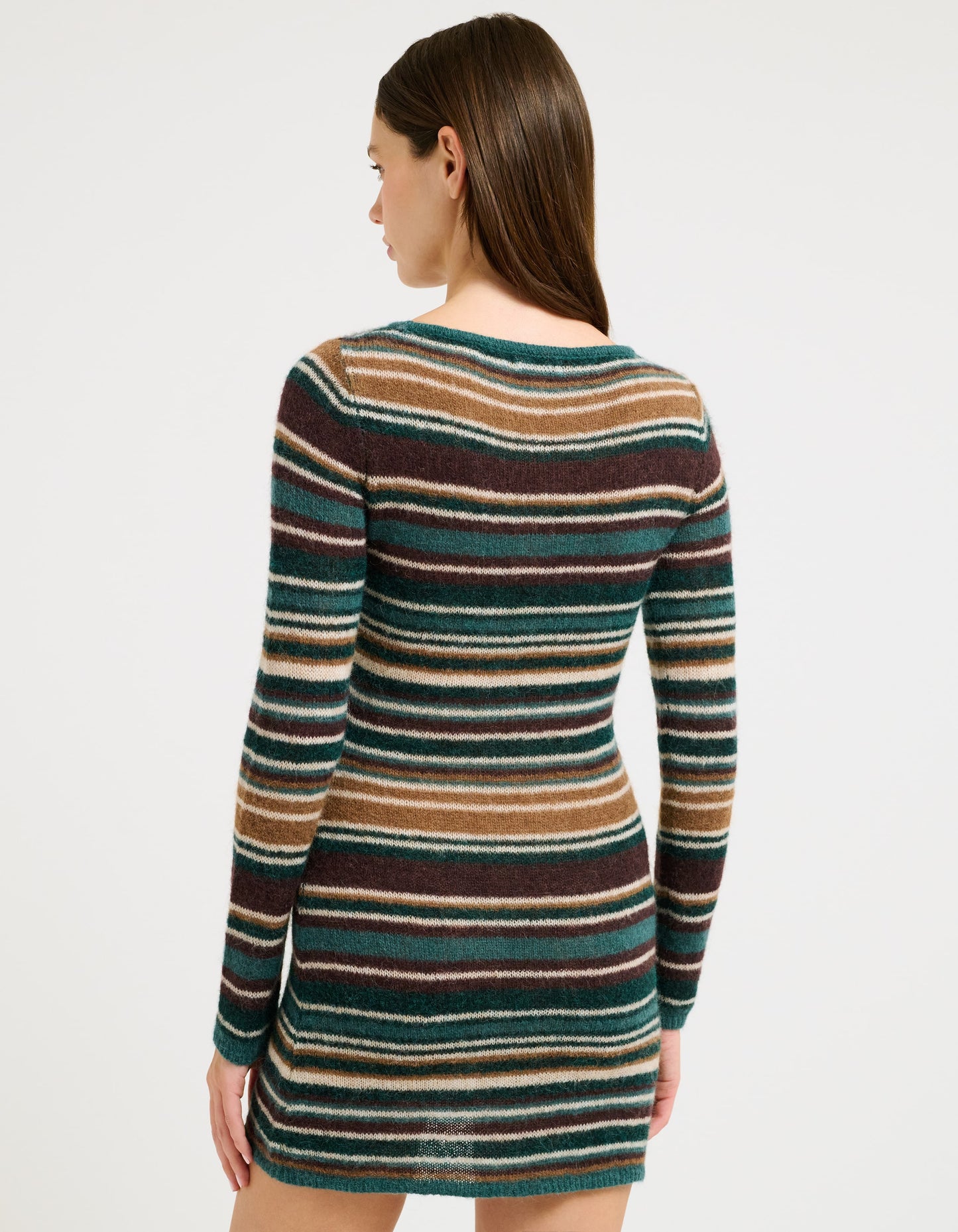 Long Sleeve Mohair loose weave sweater knit Crew Neck Mini Dress with Yarn dye stripe detail