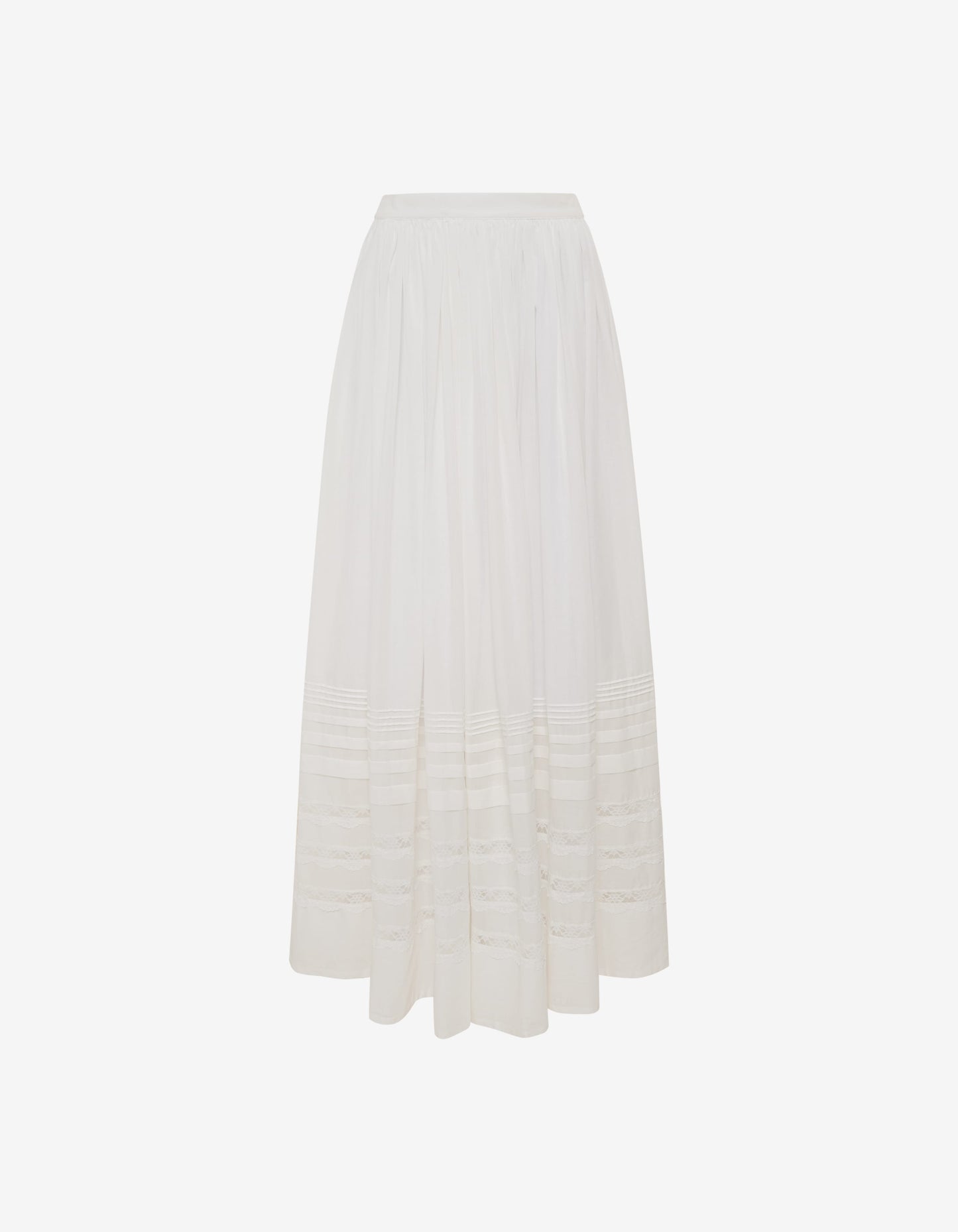 flat image of Maxi Skirt with airy cotton voile with pintuck and lace detailing below the knee.
Fully lined