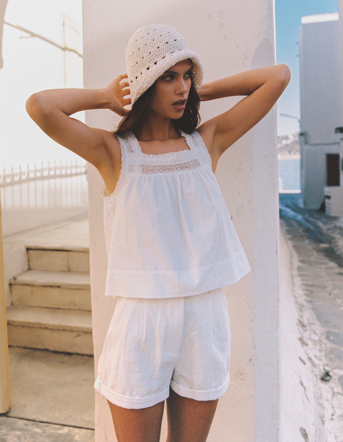 Willow top paired with white tidal short