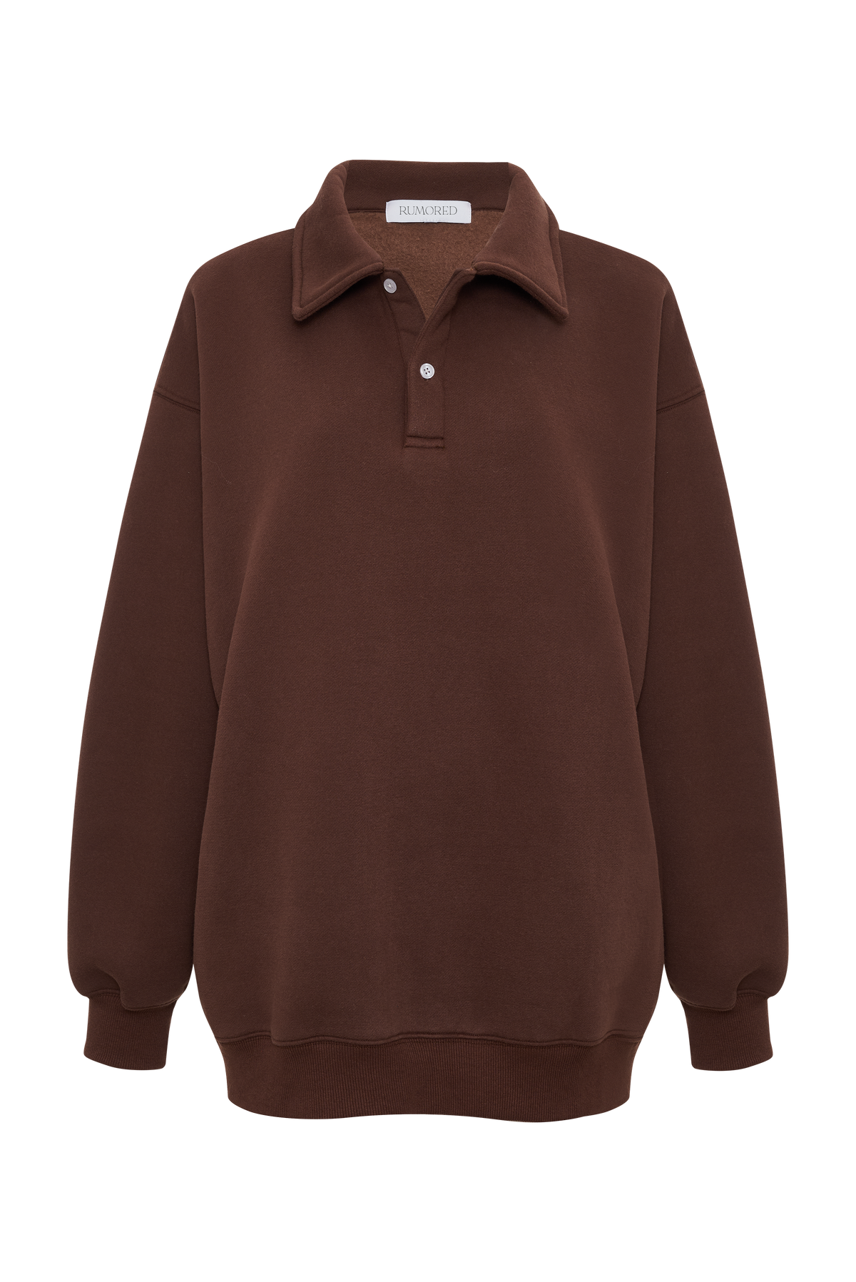 Plush Heavy-Weight Fleece Brown Sweatshirt with Collared Henley Placket
and an Oversized Fit