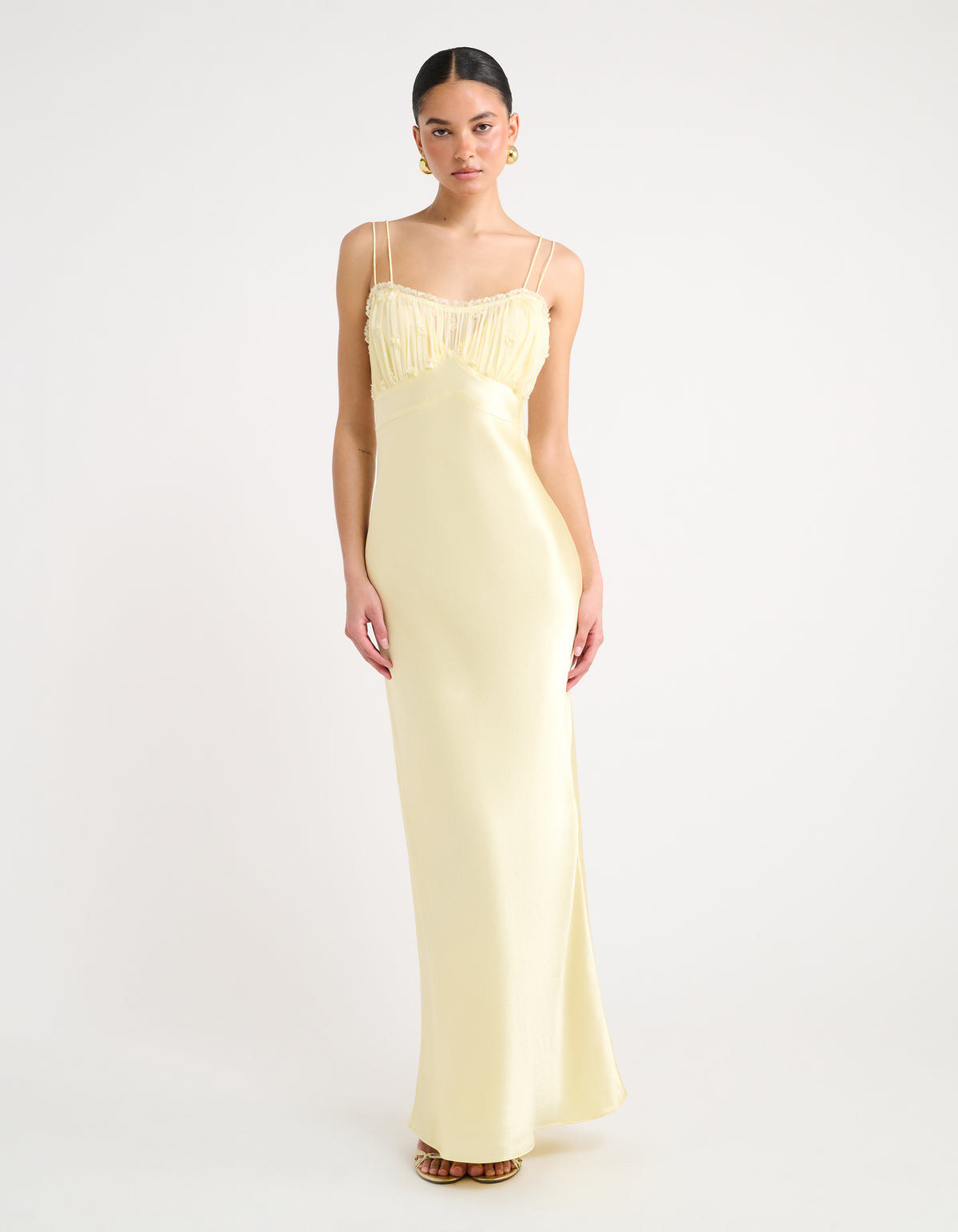 Fully lined, Bias cut, Contrast chiffon ruched upper bodice, Double micro straps