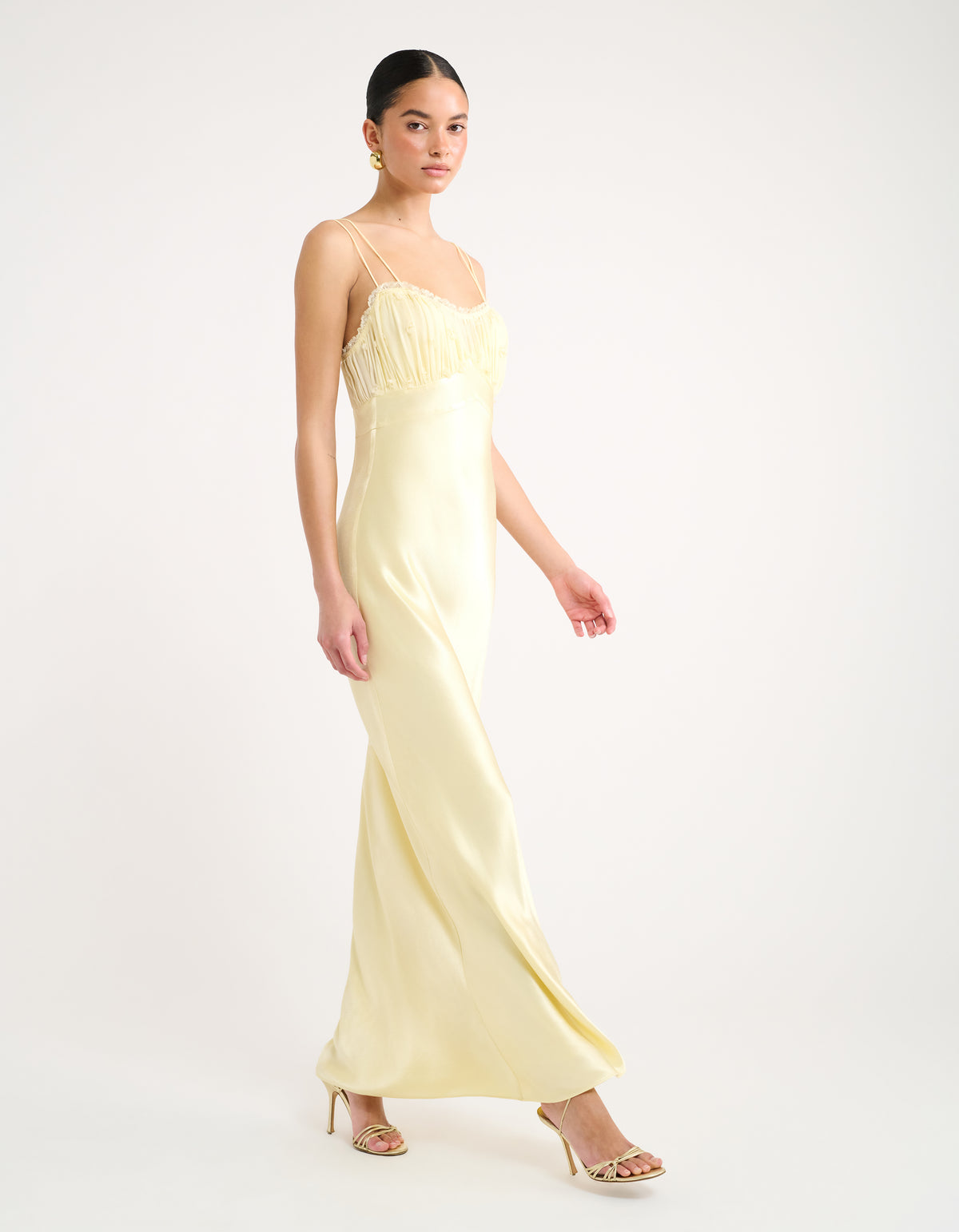 Fully lined, Bias cut, Contrast chiffon ruched upper bodice, Double micro straps