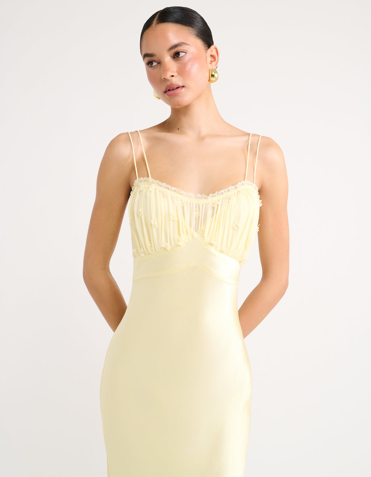 Double spaghetti straps- chiffon bodice, buttercream color
