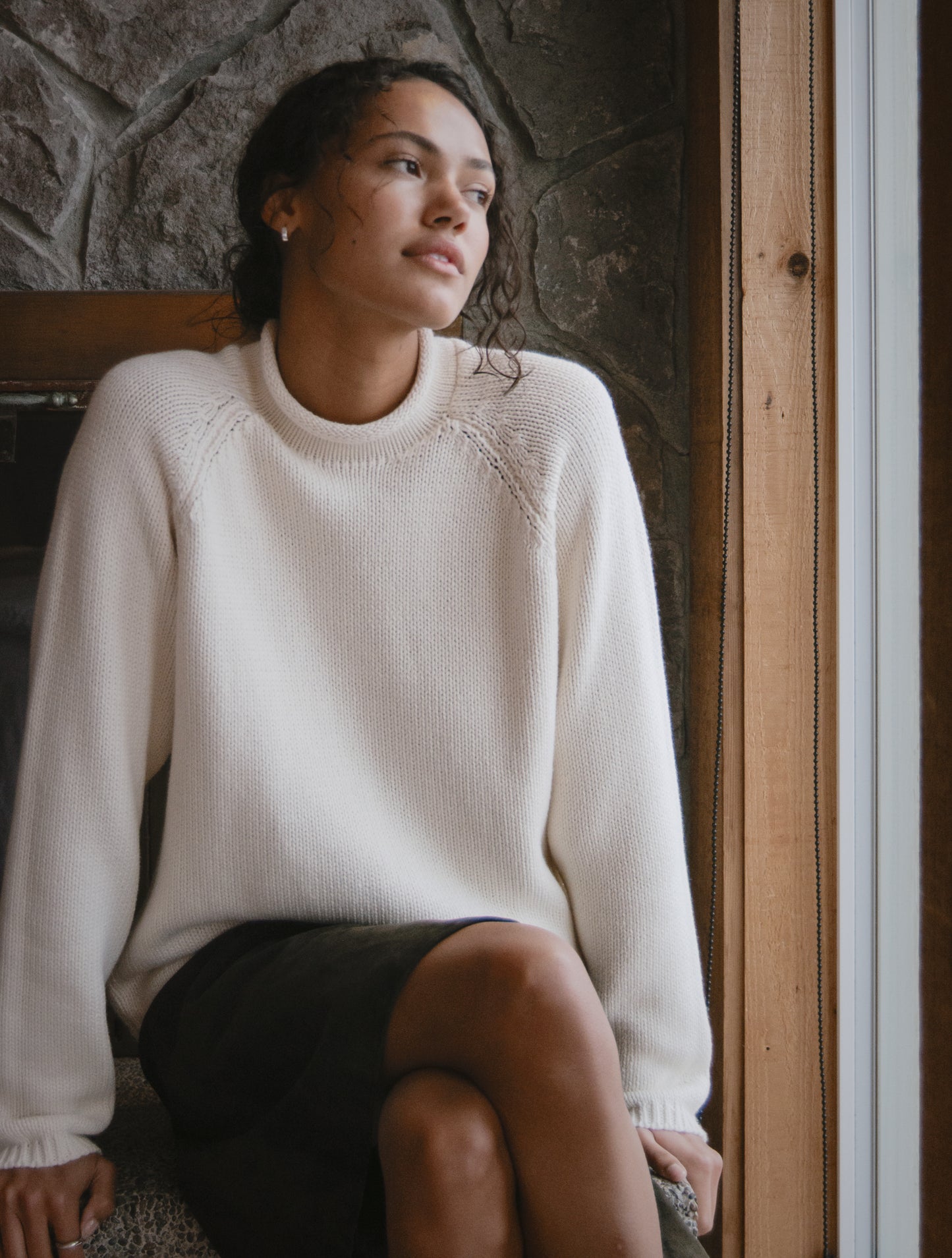 Roll neck, Raglan sleeve, Boxy fit cotton cream sweater