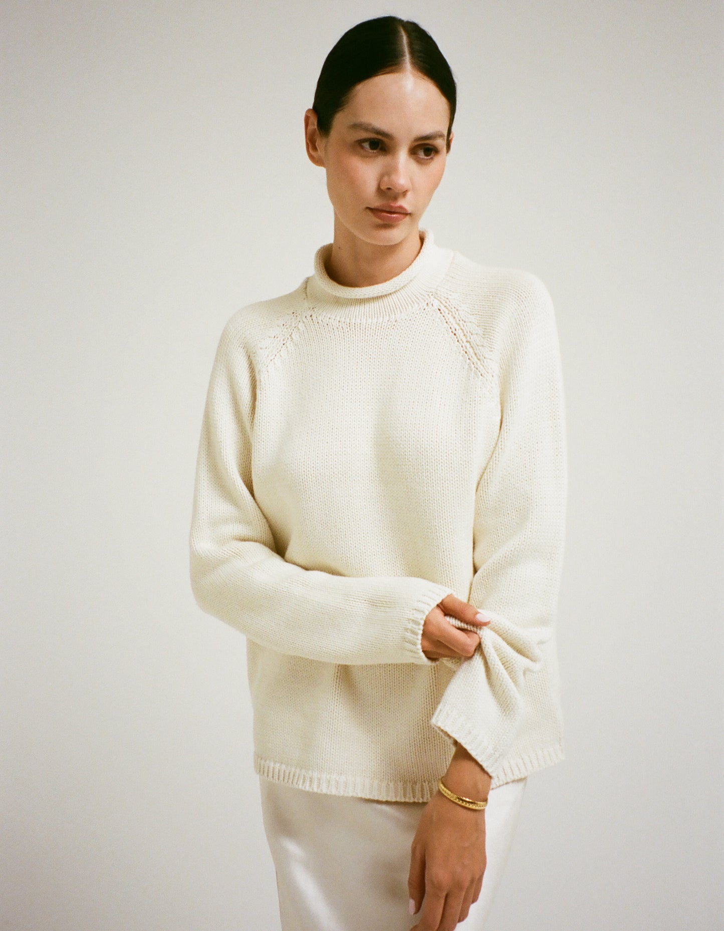 Roll neck, Raglan sleeve, Boxy fit cotton cream sweater