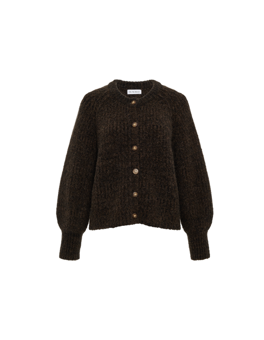 A dark brown textured knit cardigan sweater with a button-up front, featuring a crew neck and ribbed cuffs and hem, shown against a plain white background.
