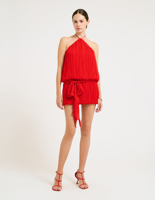 Drop Waist Halter Mini Dress with Bow tie around waist