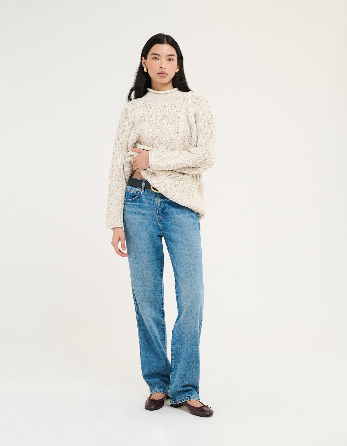 Mock Neck Long Sleeve Knit Textured Sweater in Cream