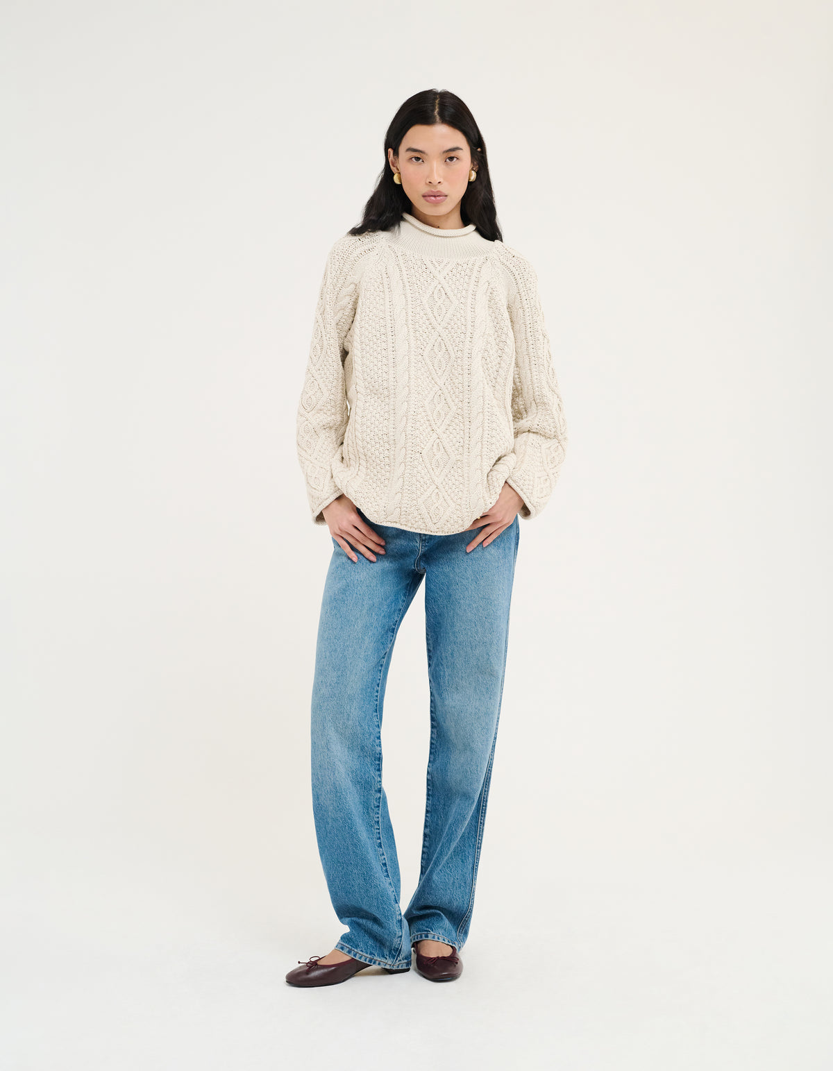Women's Mock Neck Long Sleeve Knit Textured Sweater in Cream