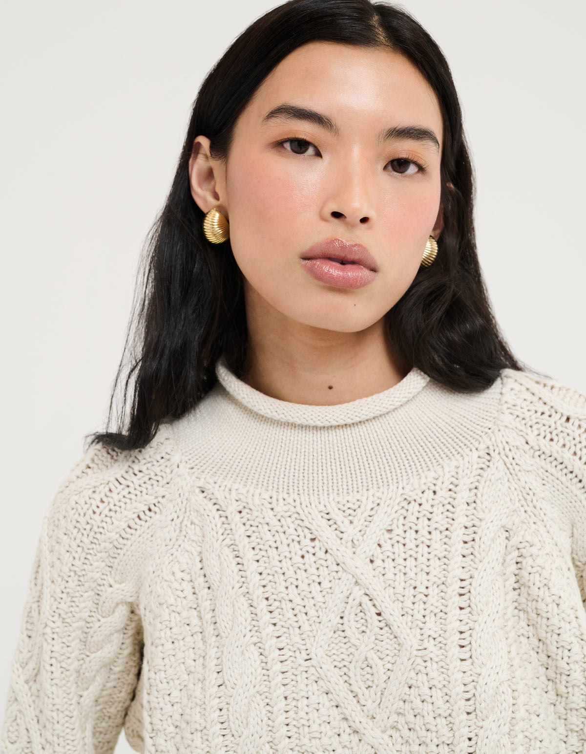 Women's Mock Neck Long Sleeve Knit Textured Sweater in Cream