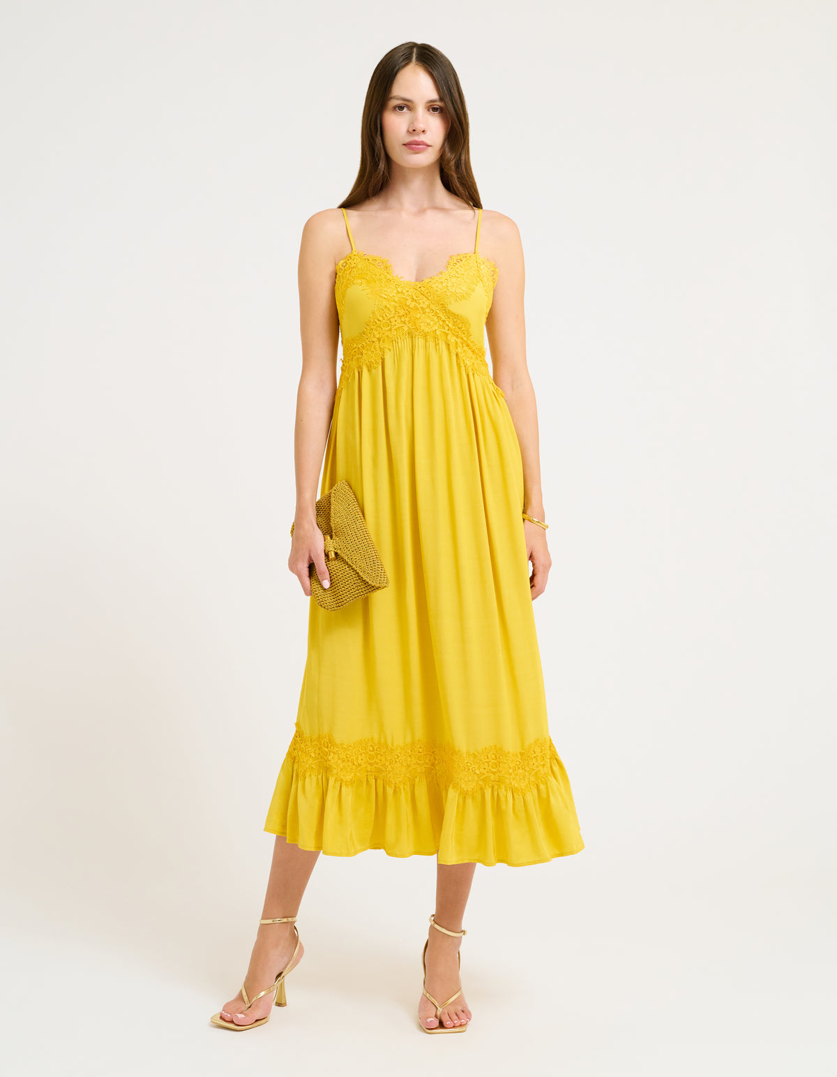 Sweetheart neckline adjustable spaghetti strap midi dress with lace trim around chest and bottom ruffle