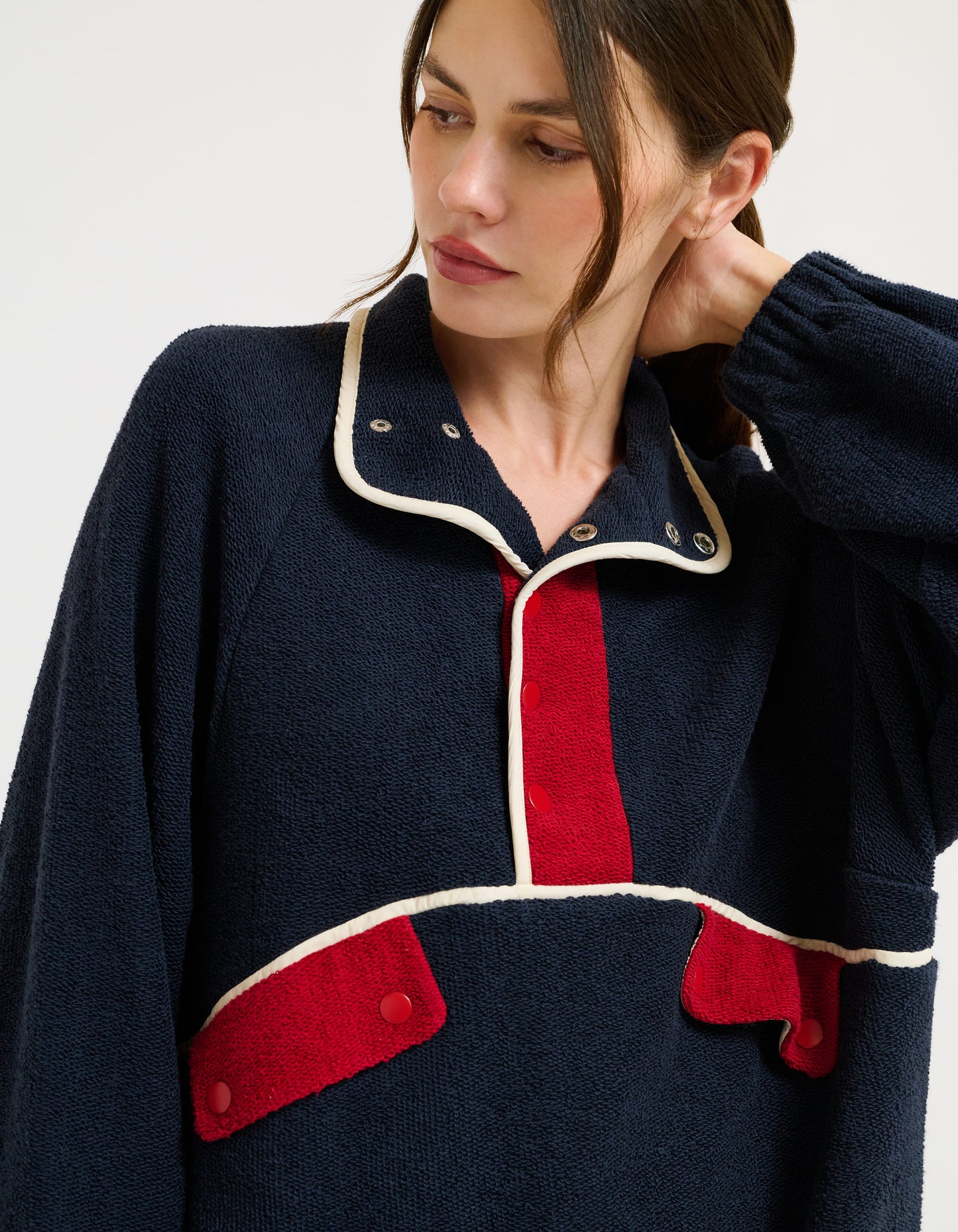 Navy Pullover with snap closures midway down
