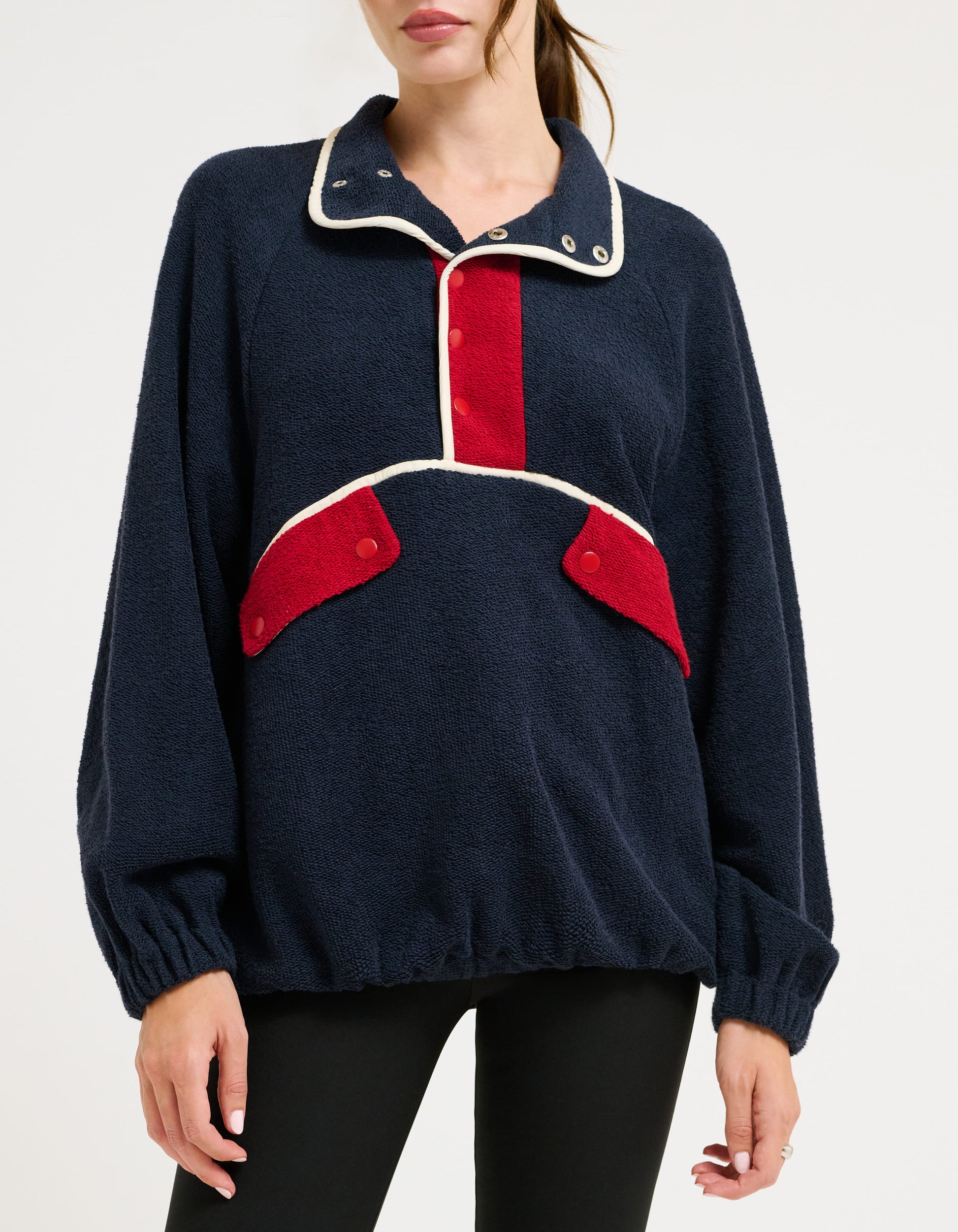 Navy Pullover with snap closures midway down