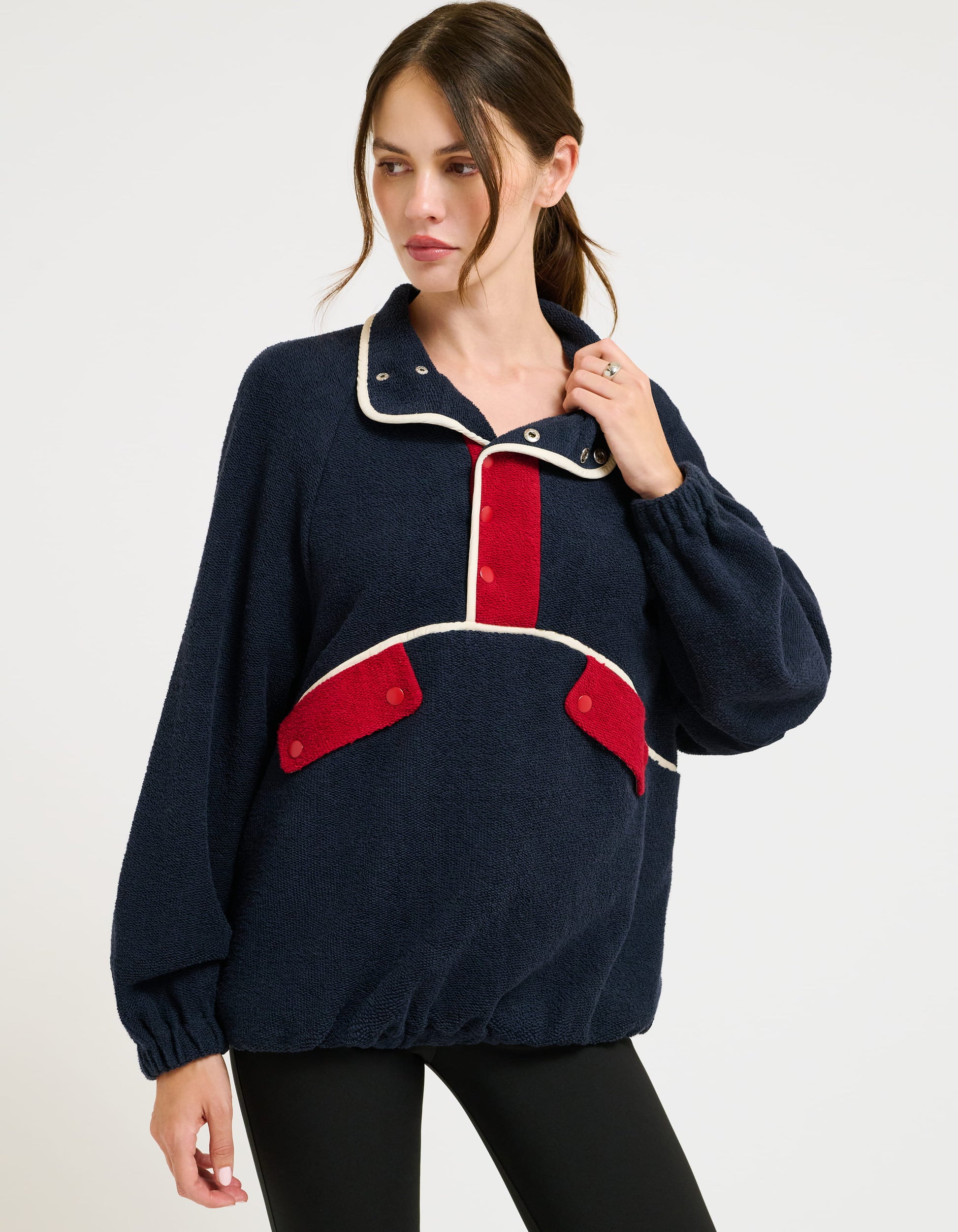 Navy Pullover with snap closures midway down