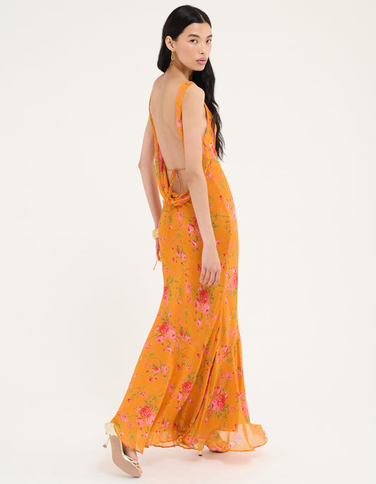 Hollywood Gown in Tangerine Bloom Women's Special Occasion Maxi Dress