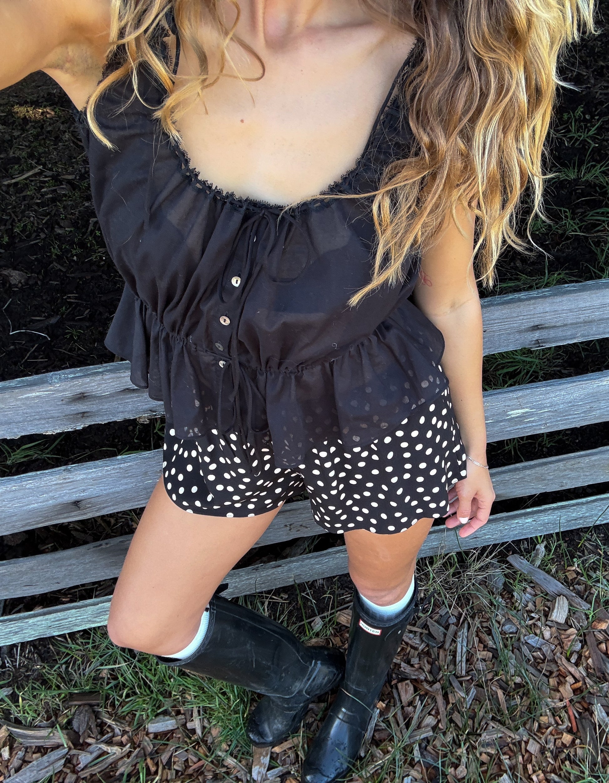 Cotton Peplum Tank top with lace trims, and micro ties.