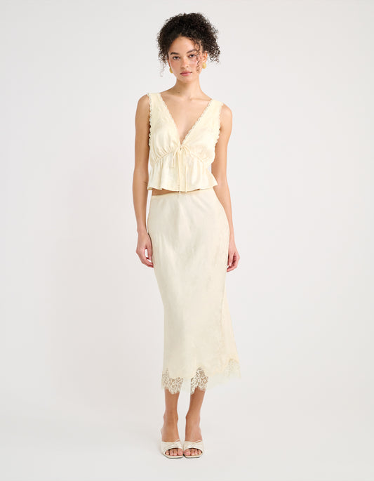 Mid Rise Midi Skirt in ivory jacquard and white lace trim