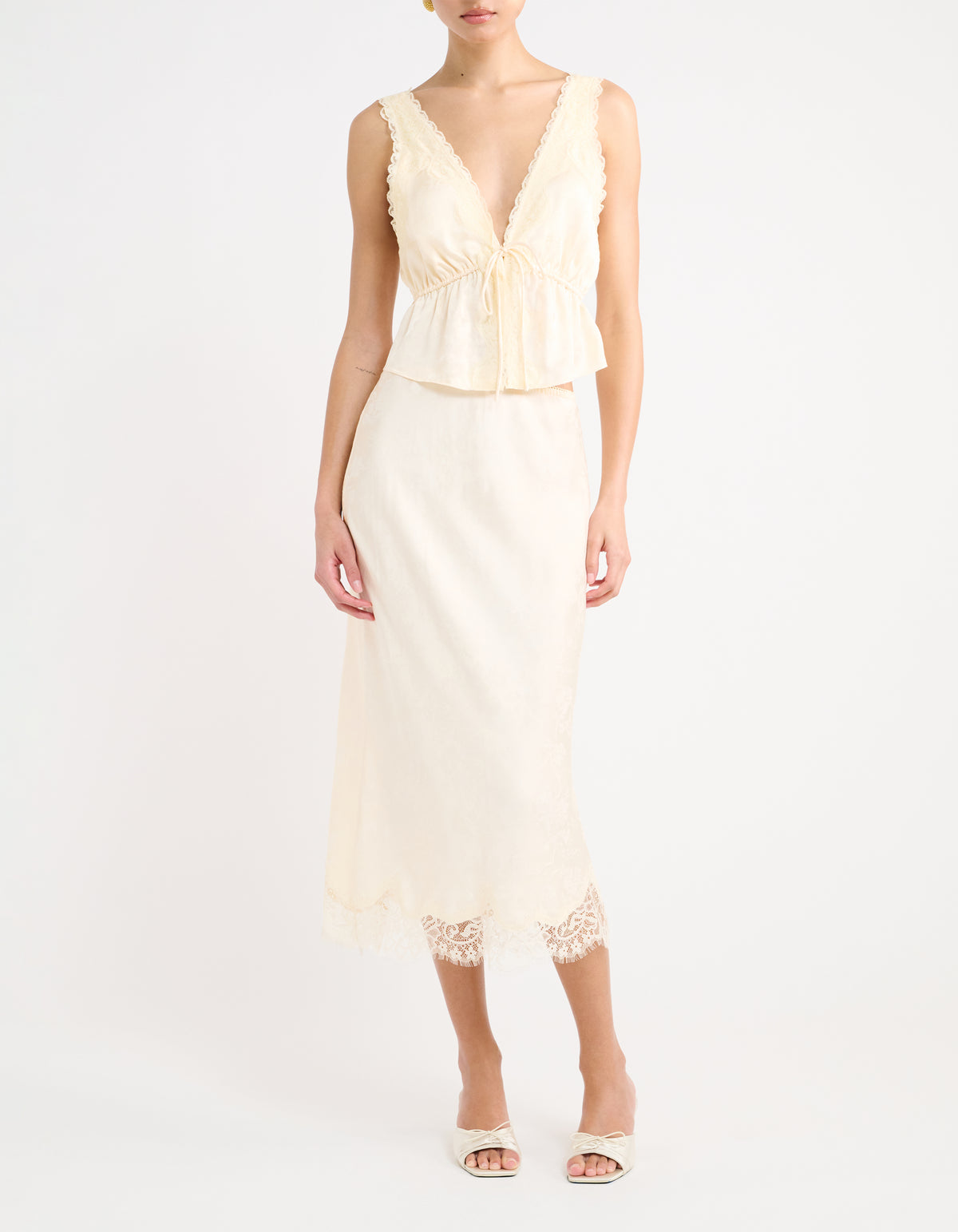 Lady Lace Top in Ivory Jacquard paired with Lady Lace Midi Skirt in Ivory Jacquard