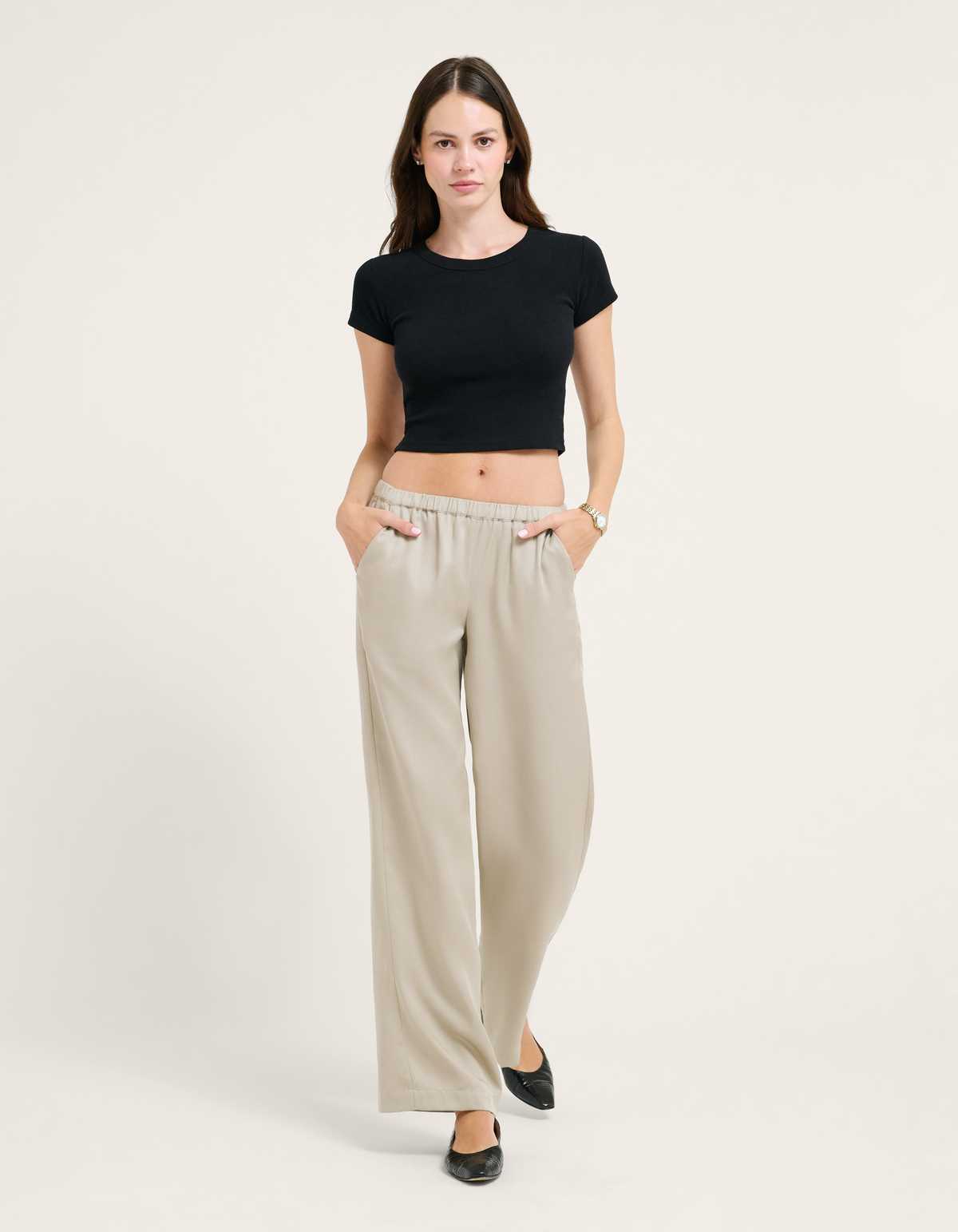 Elastic Waistband, Mid riseTaupe Pants with Side pockets
