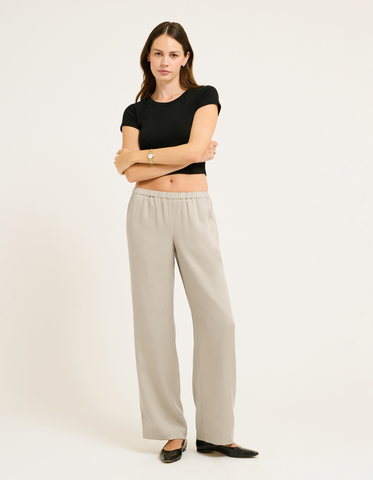 Elastic Waistband, Mid riseTaupe Pants with Side pockets