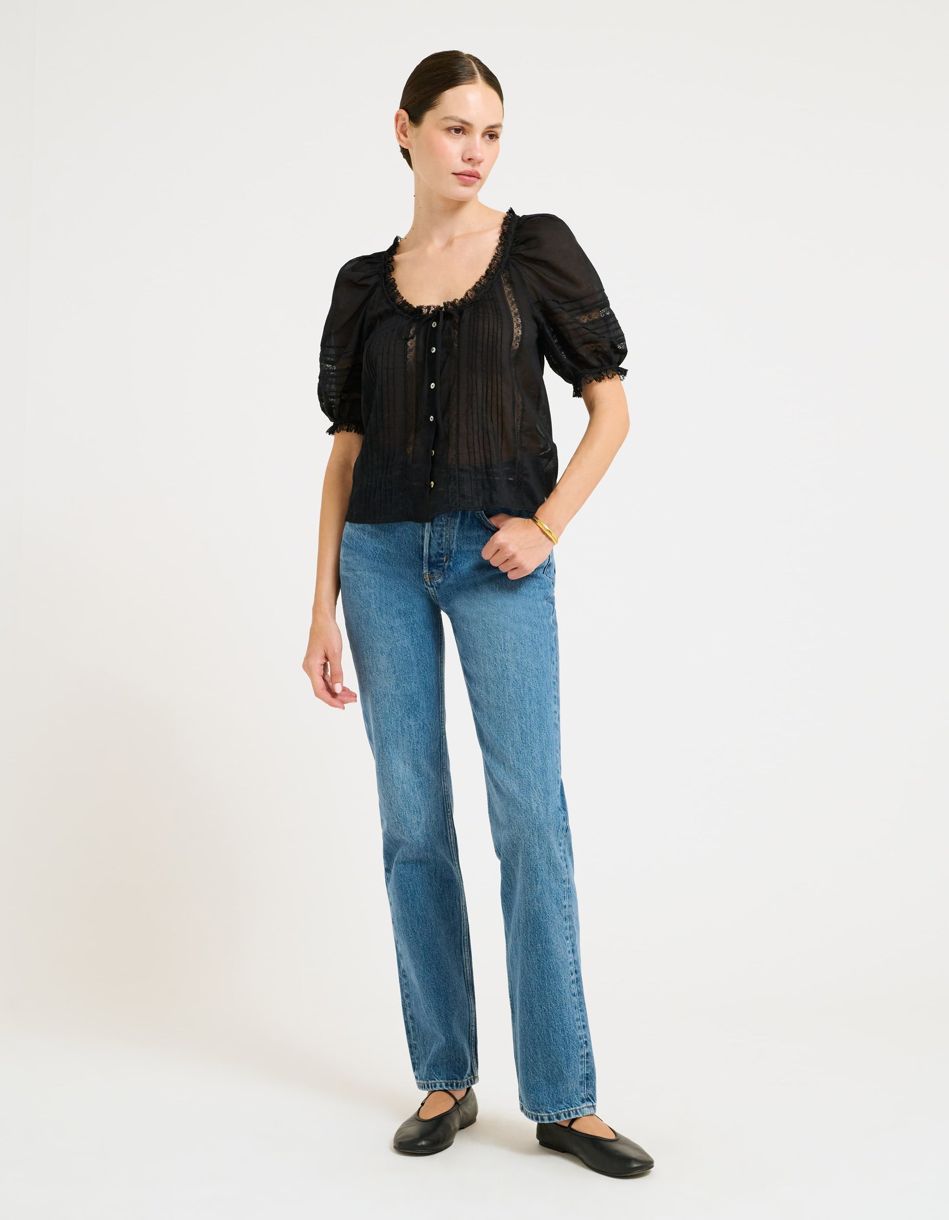 cotton voile with intricate inset lace, delicate micro pleats, and a dainty self-tie Blouse