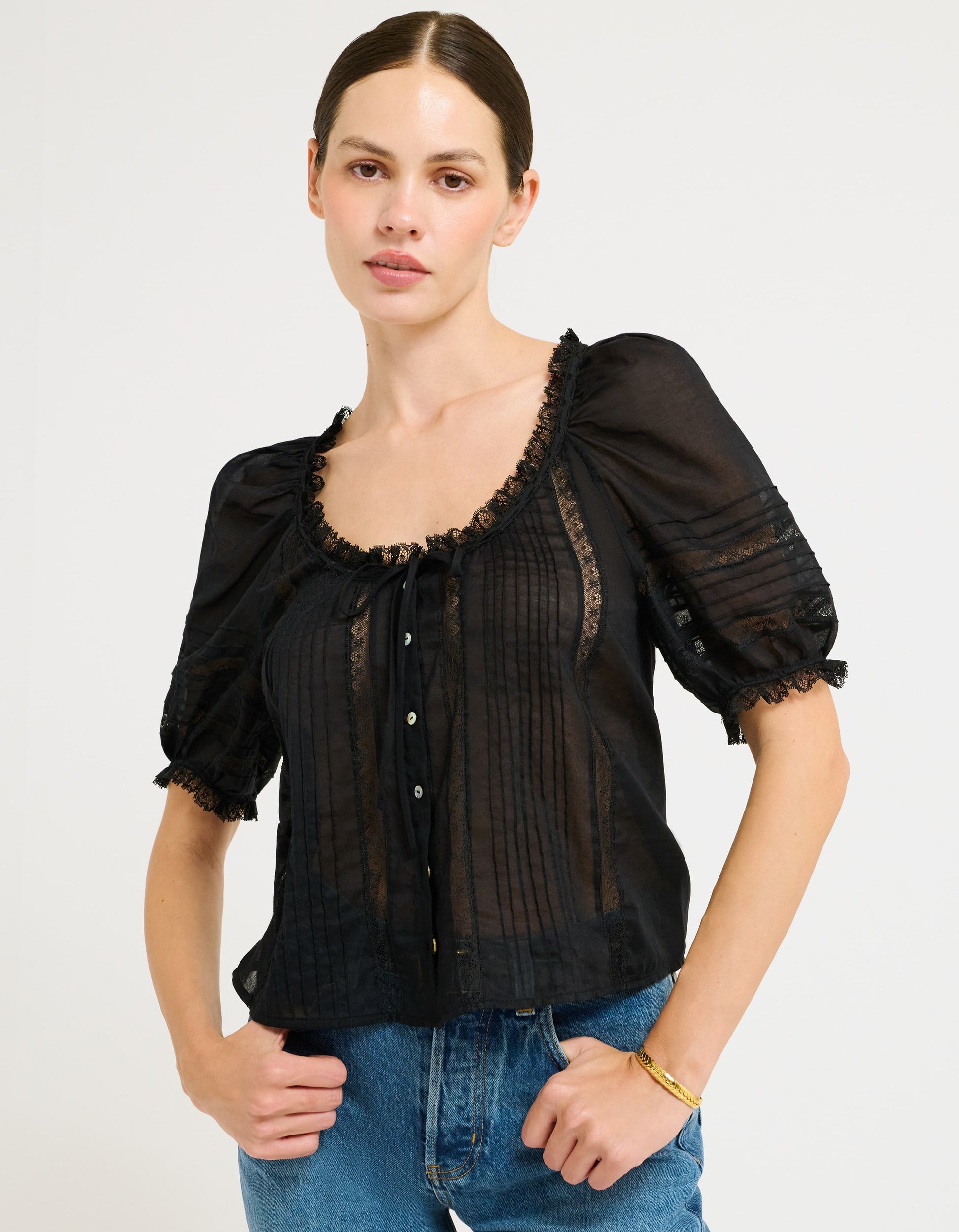 cotton voile with intricate inset lace, delicate micro pleats, and a dainty self-tie Blouse