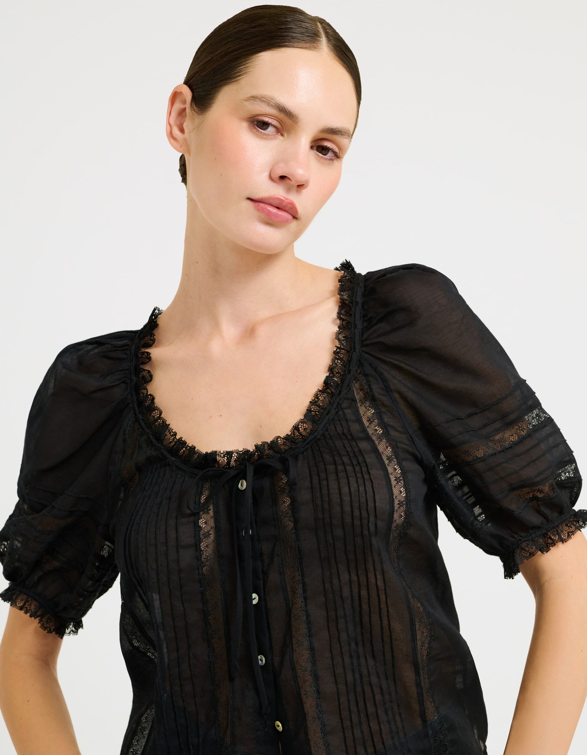 cotton voile with intricate inset lace, delicate micro pleats, and a dainty self-tie Blouse