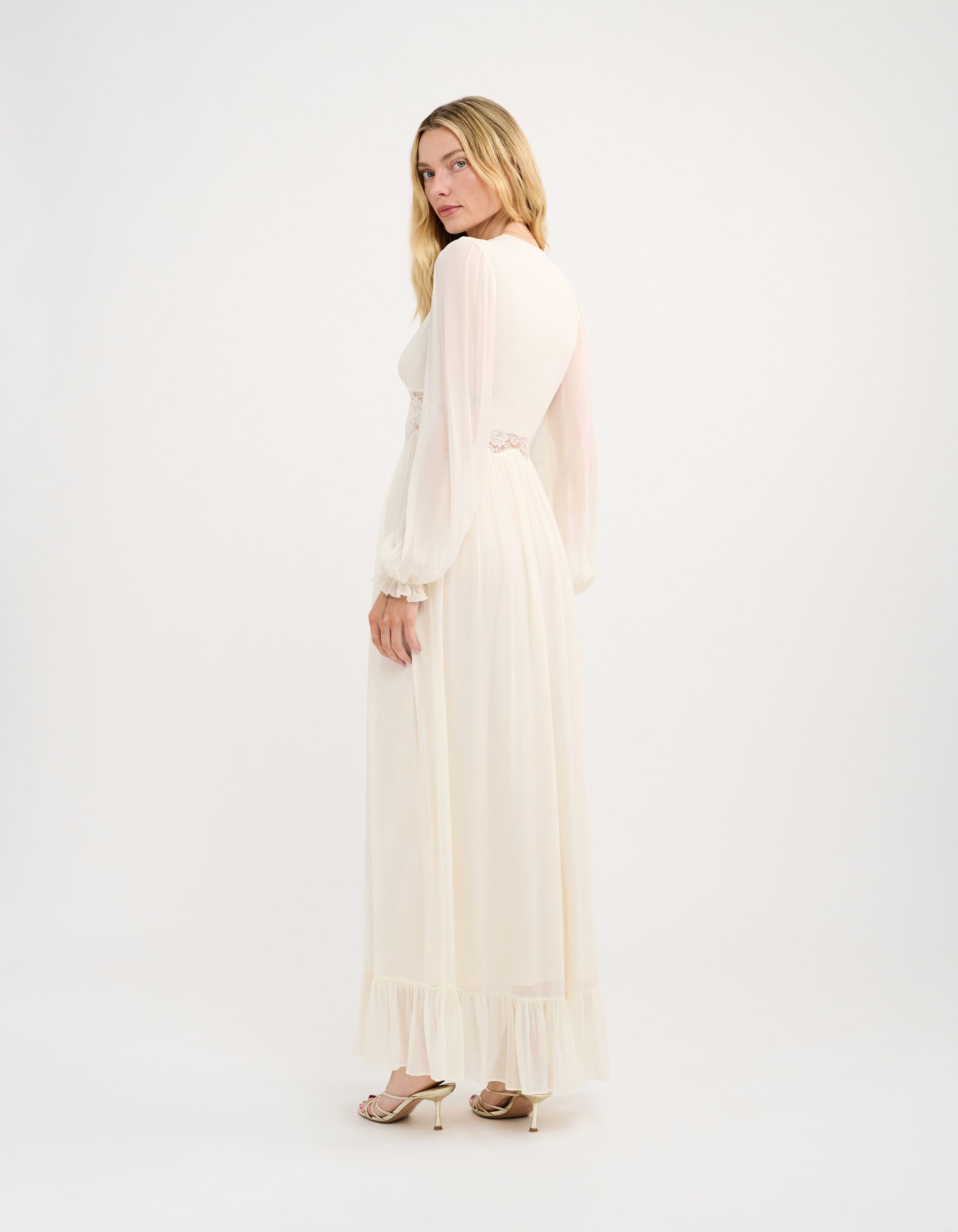 ivory maxi dress with sleeves Puff Sleeve Column with 3/4 length tiered Marie sleeves Ivory Crepe Carolina Maxi Dress