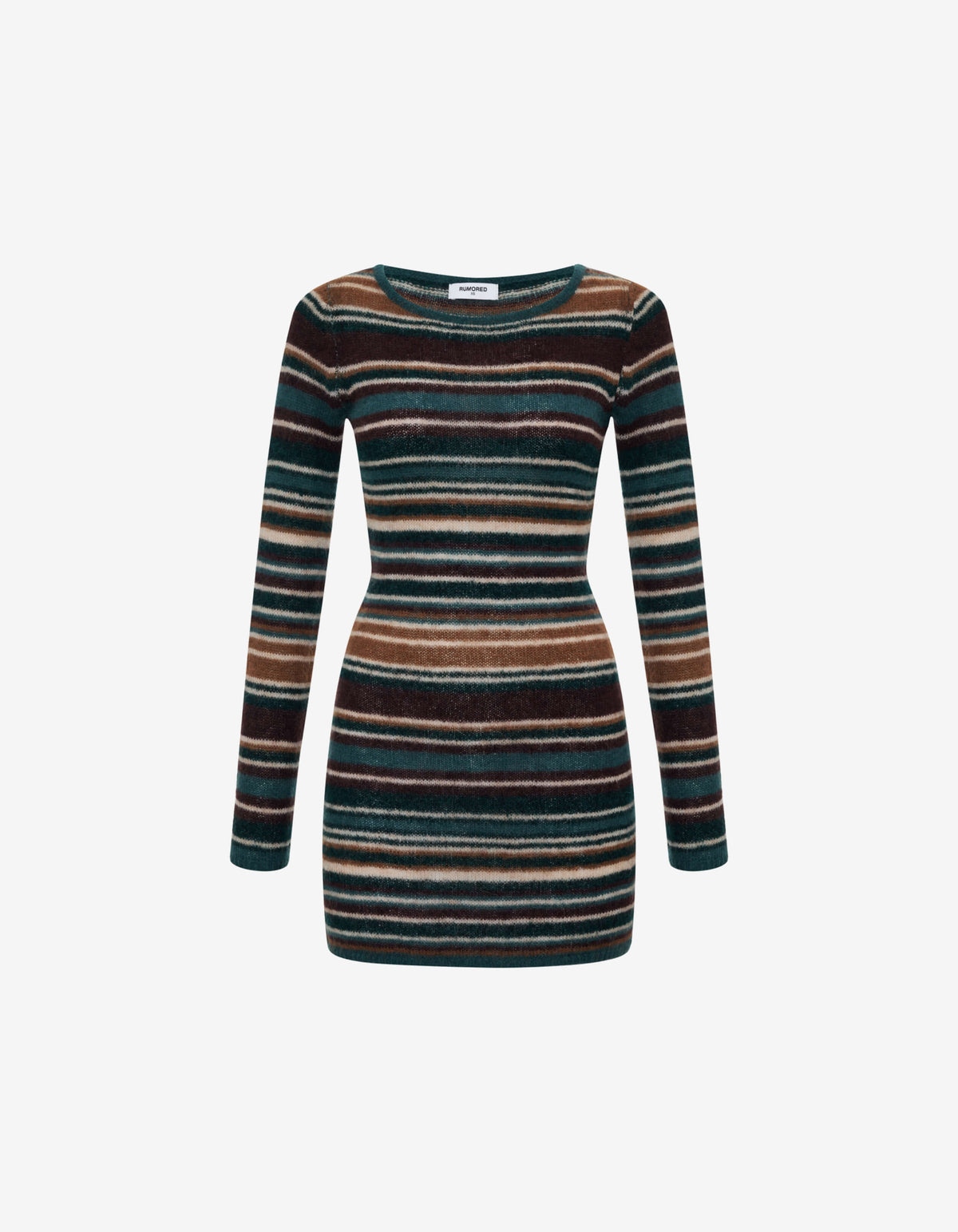 Long Sleeve Mohair loose weave sweater knit Crew Neck Mini Dress with Yarn dye stripe detail