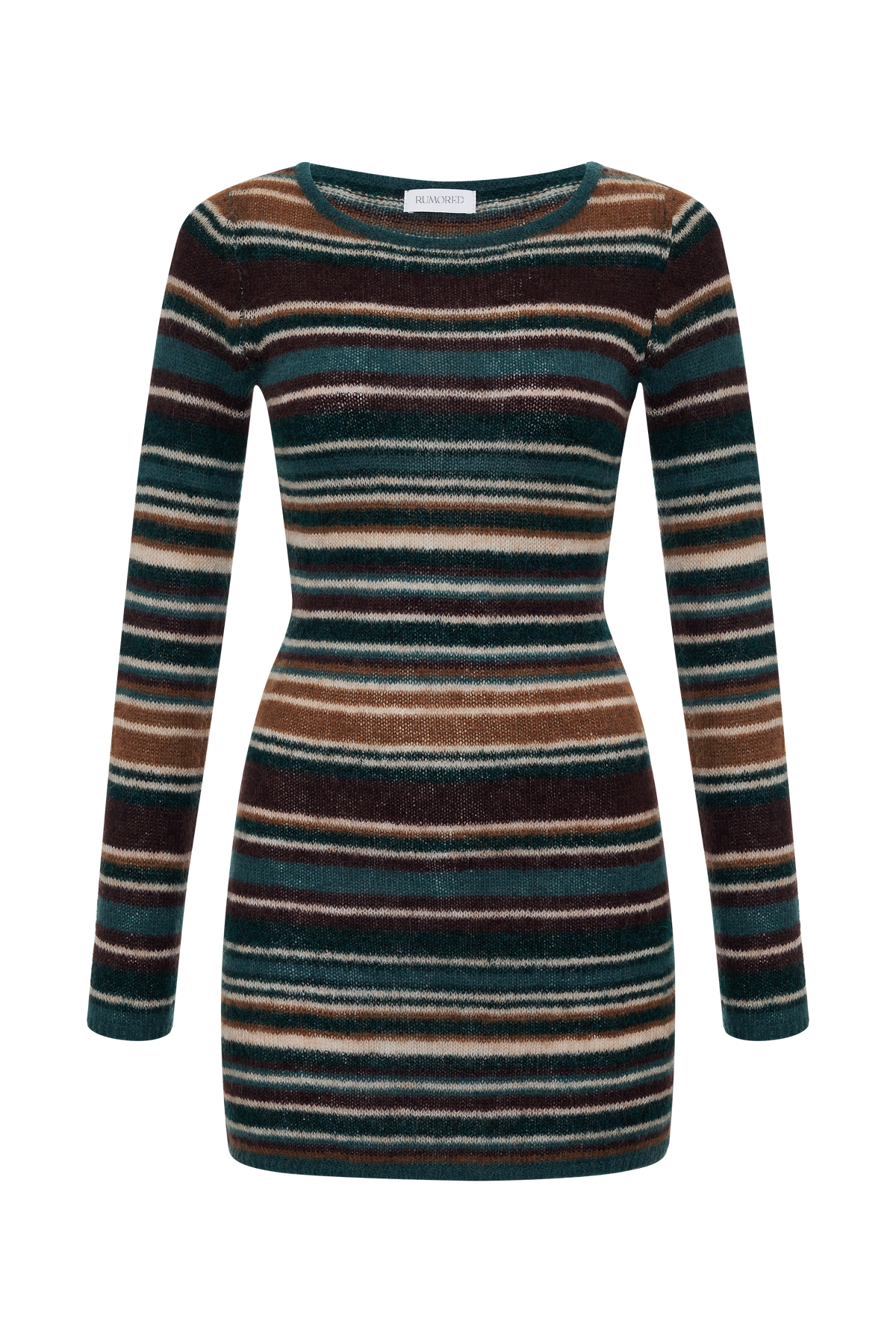 Long Sleeve Mohair loose weave sweater knit Crew Neck Mini Dress with Yarn dye stripe detail