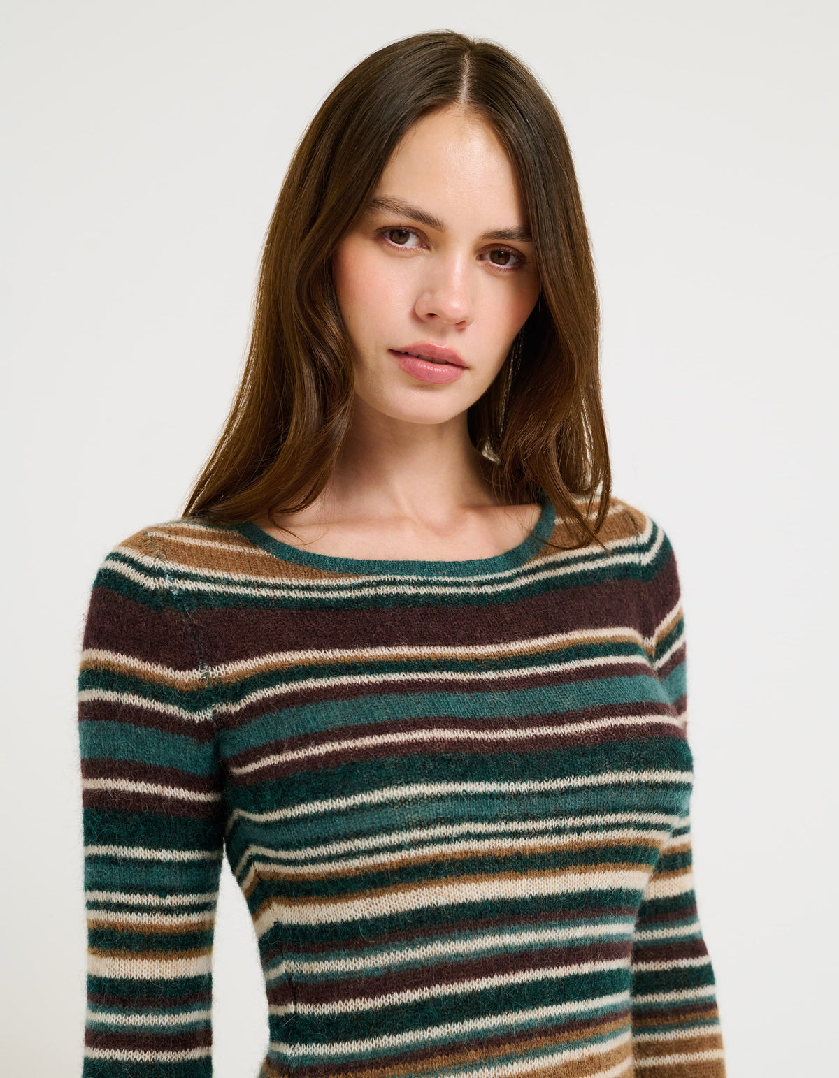 Long Sleeve Mohair loose weave sweater knit Crew Neck Mini Dress with Yarn dye stripe detail