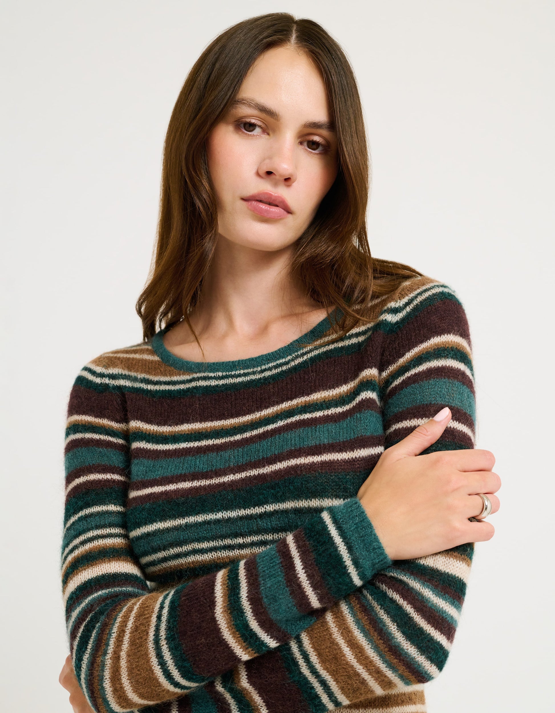 Long Sleeve Mohair loose weave sweater knit Crew Neck Mini Dress with Yarn dye stripe detail