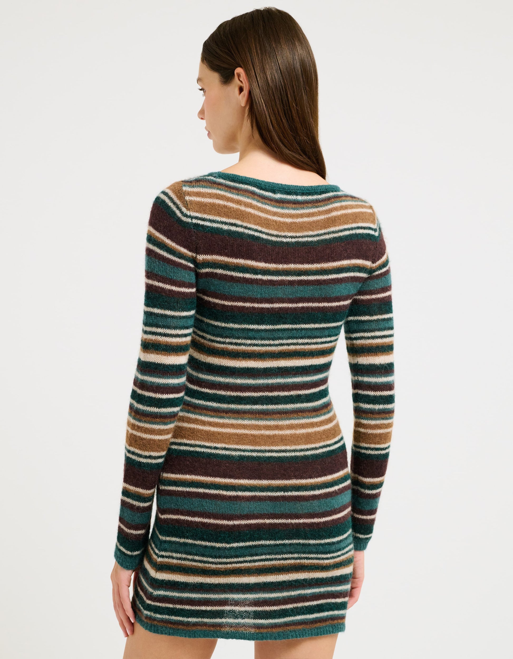 Long Sleeve Mohair loose weave sweater knit Crew Neck Mini Dress with Yarn dye stripe detail
