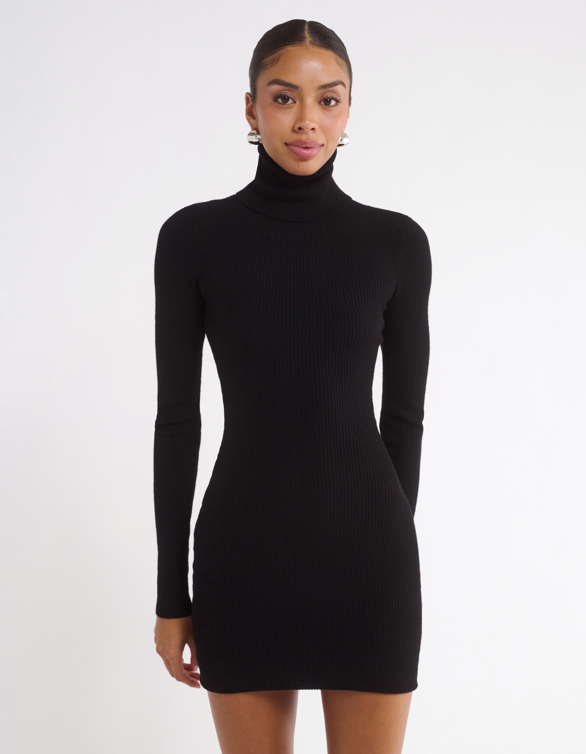 Women's Long Sleeve Turtleneck Mini Dress in Black