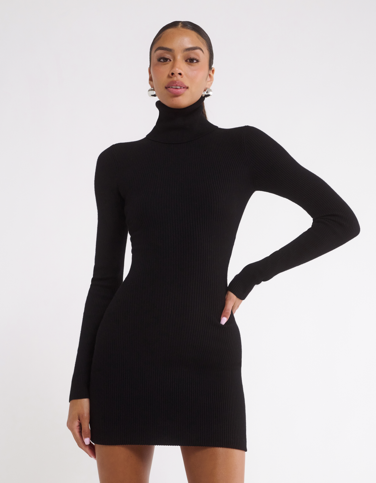Women's Long Sleeve Turtleneck Mini Dress in Black