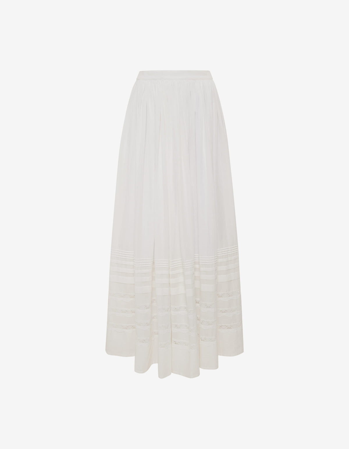 flat image of Maxi Skirt with airy cotton voile with pintuck and lace detailing below the knee.
Fully lined