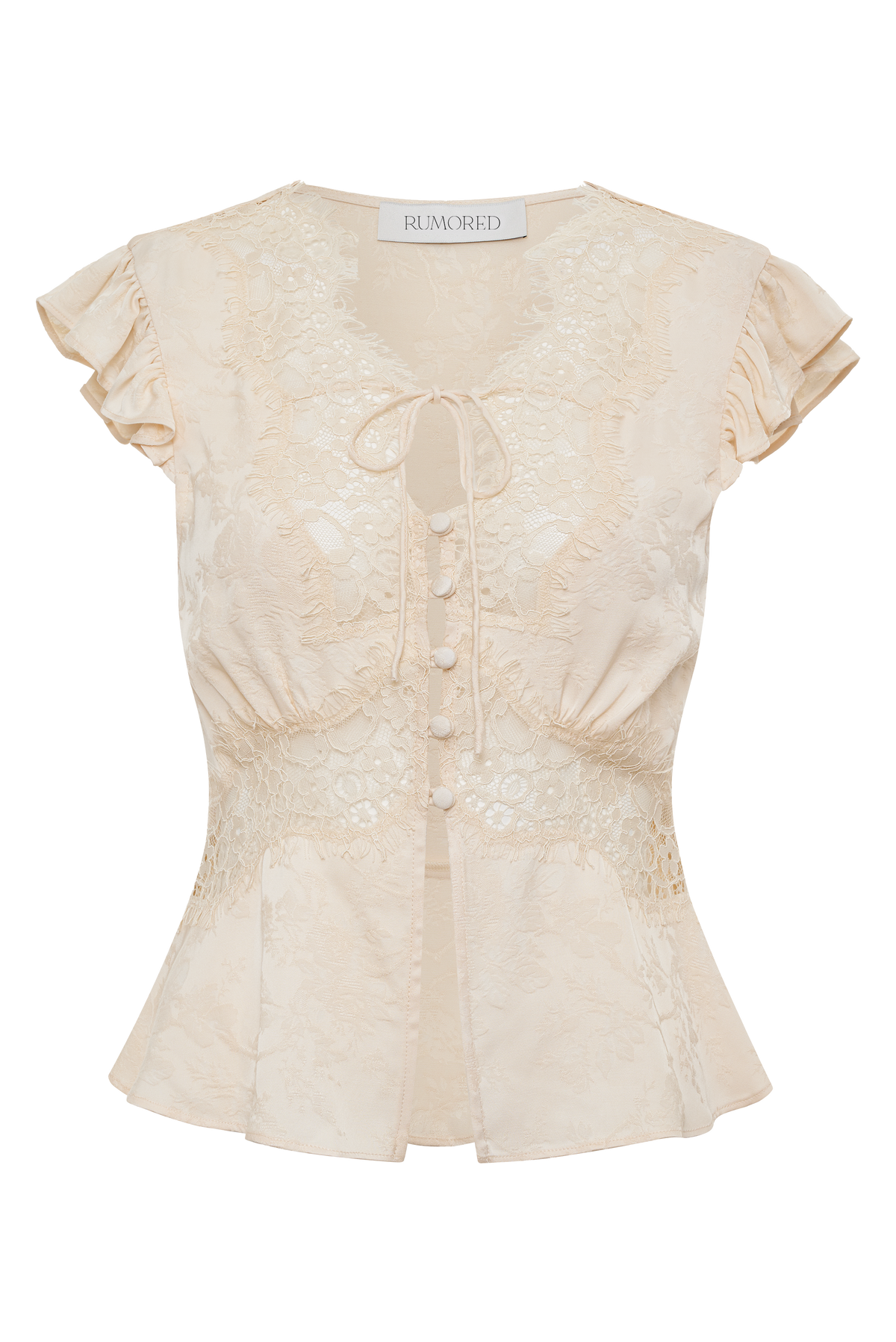 Vintage Inspired Blouse with Fabric covered button up placket and Lace trim.
Ruffle sleeve short sleeve and Micro ties at center front neckline