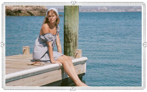 Featuring Slowtide Mini Dress in Navy Gingham
