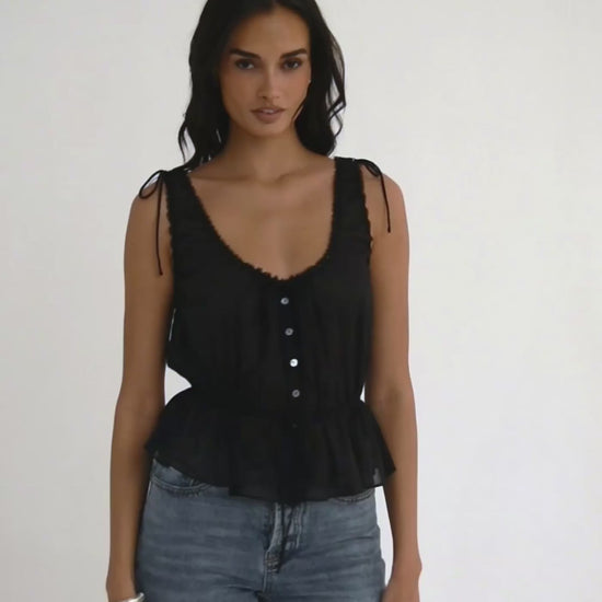 Cotton Peplum Tank top with lace trims, and micro ties.