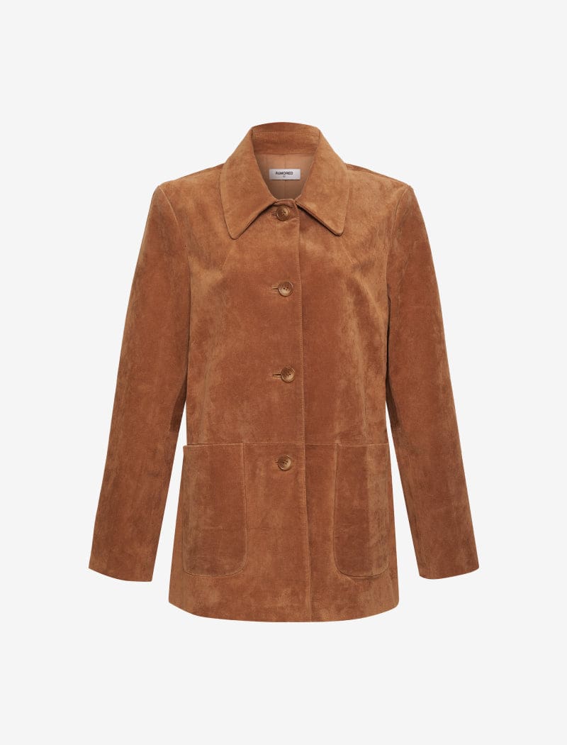 Model wearing genuine suede, vintage-inspired button-up jacket