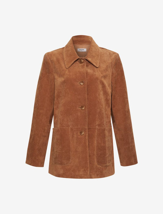 Model wearing genuine suede, vintage-inspired button-up jacket